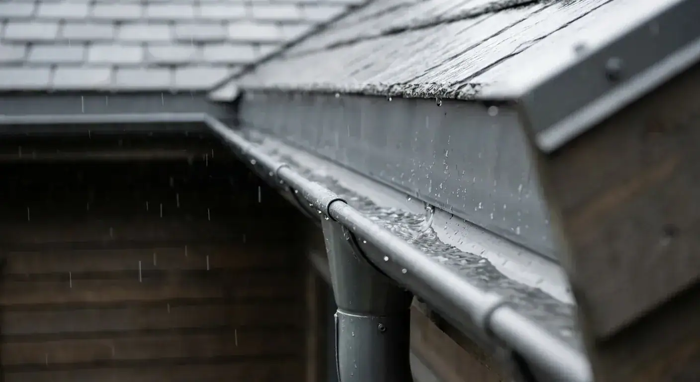 A close-up of a clean, well-maintained roof gutter during a light rain shower