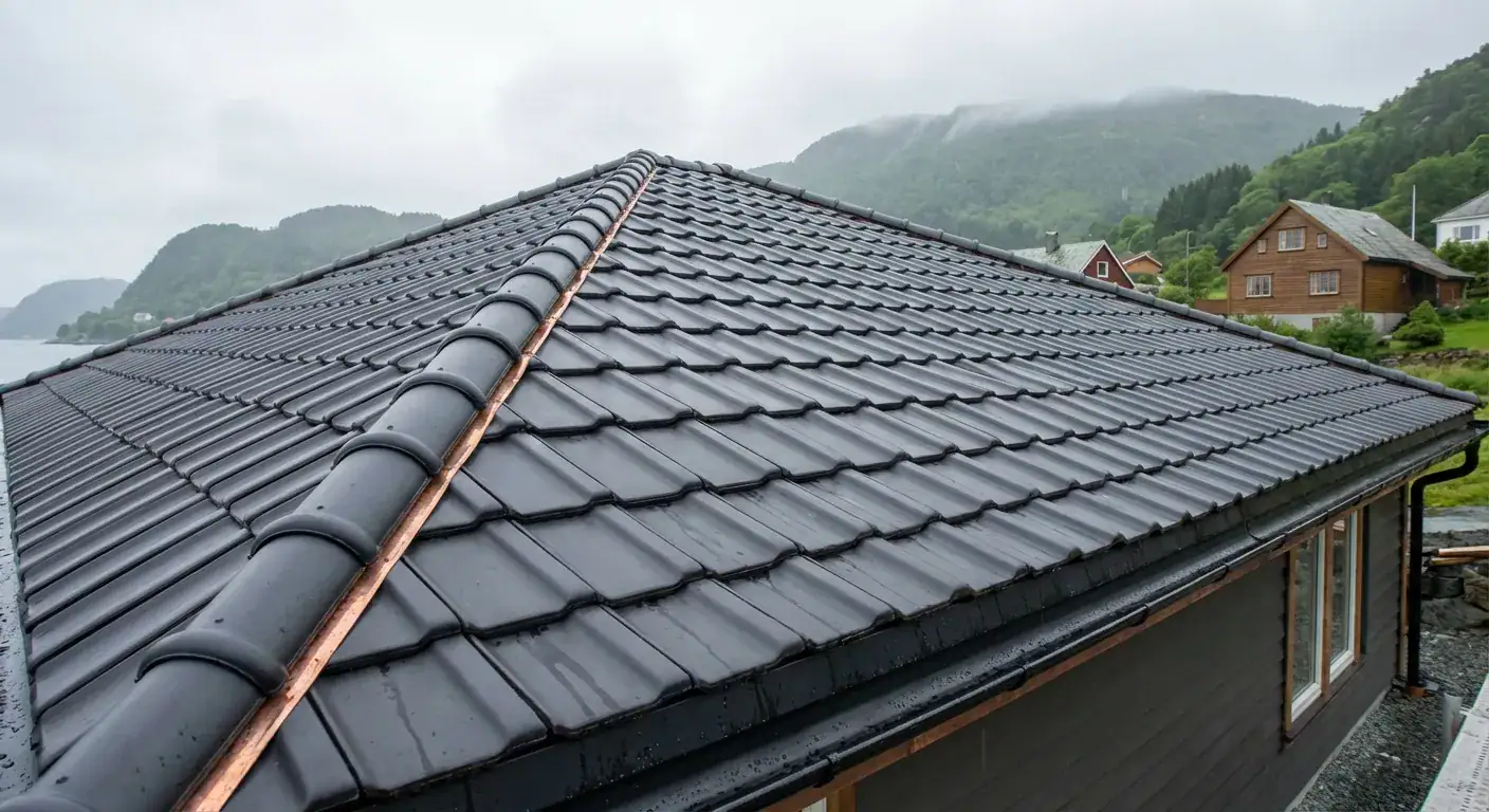 Nylig oppusset tak med svarte takstein og nye takrenner i Bergen, perfekt for å beskytte huset mot vær og vind.