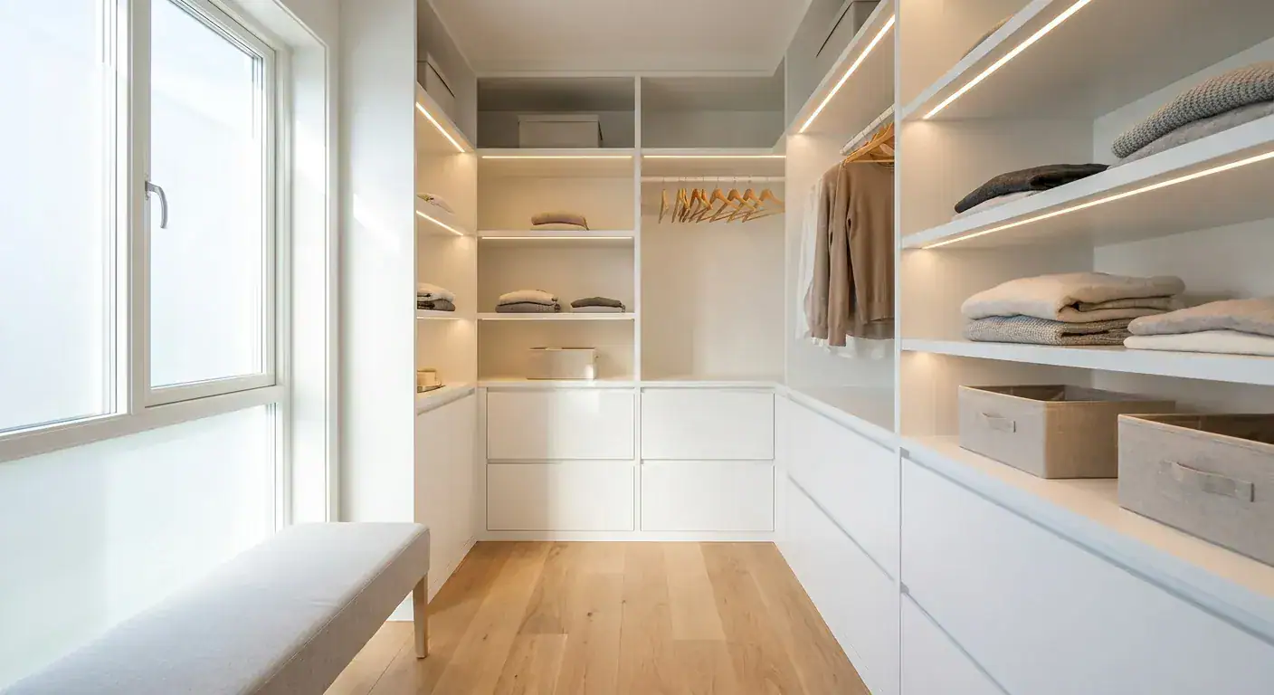 Et lyst og ryddig walk-in closet med hvite hyller og innebygd belysning