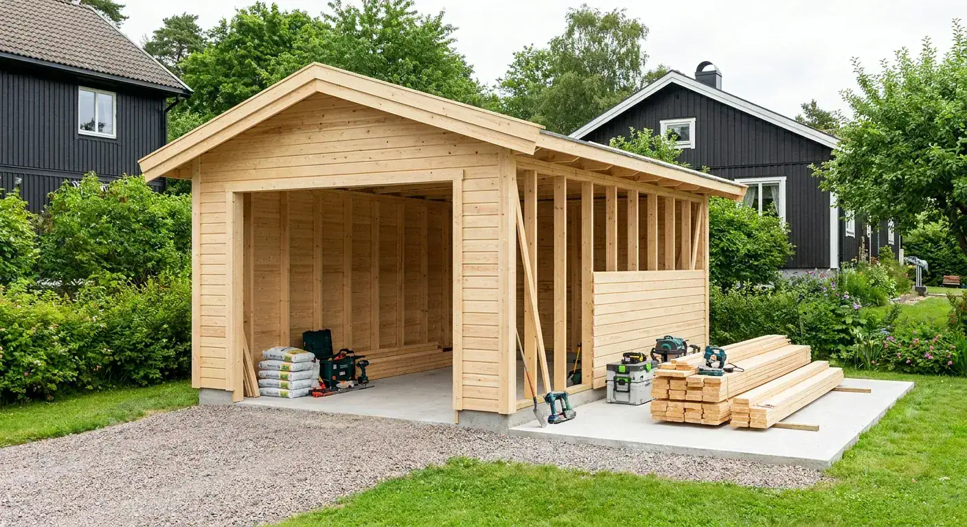 En oversiktlig og ryddig byggeplass hvor en garasje i tre er under oppføring i hagen til en enebolig