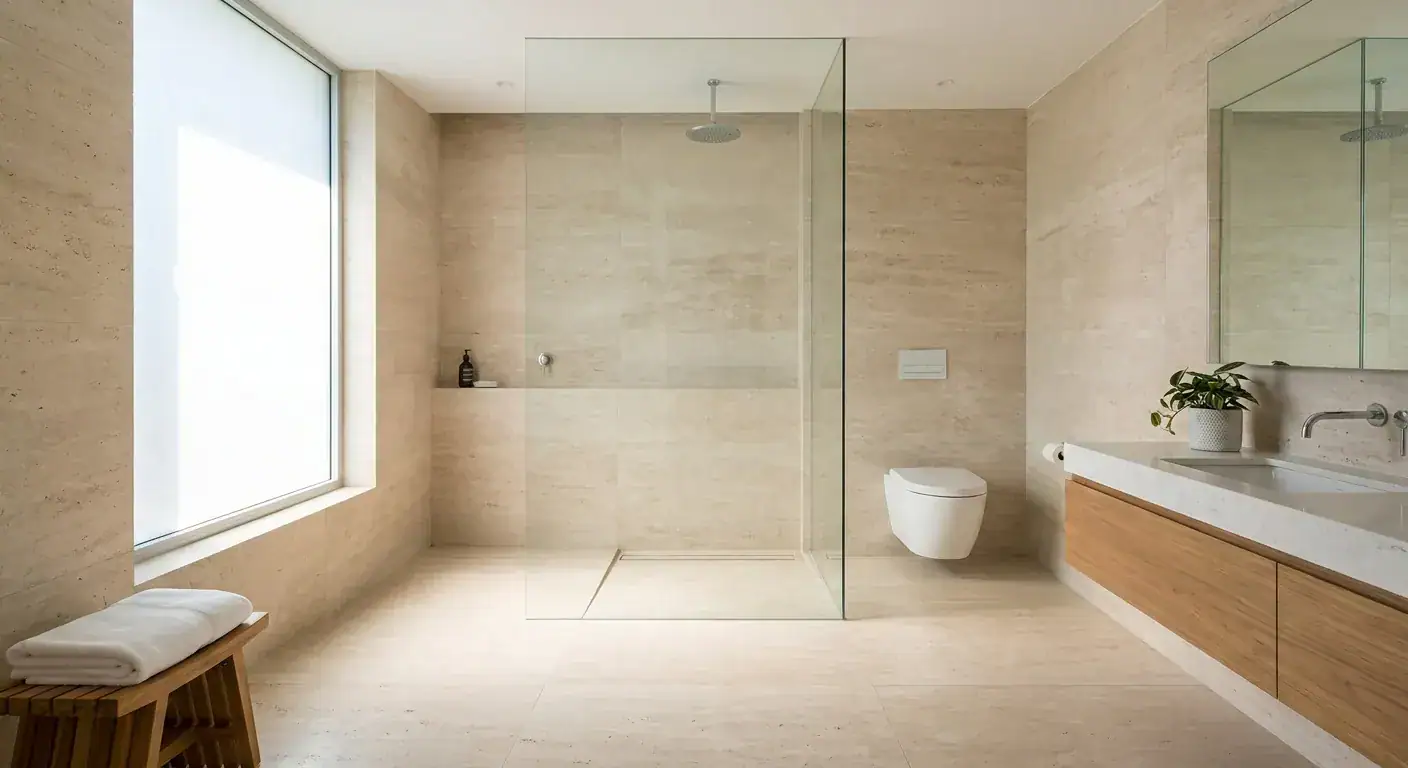 Stilrent bad med walk-in dusj, veggtoalett og moderne innredning, perfekt for oppussing i Bergen. Lyse farger og minimalistisk design for et rom i topp stand.