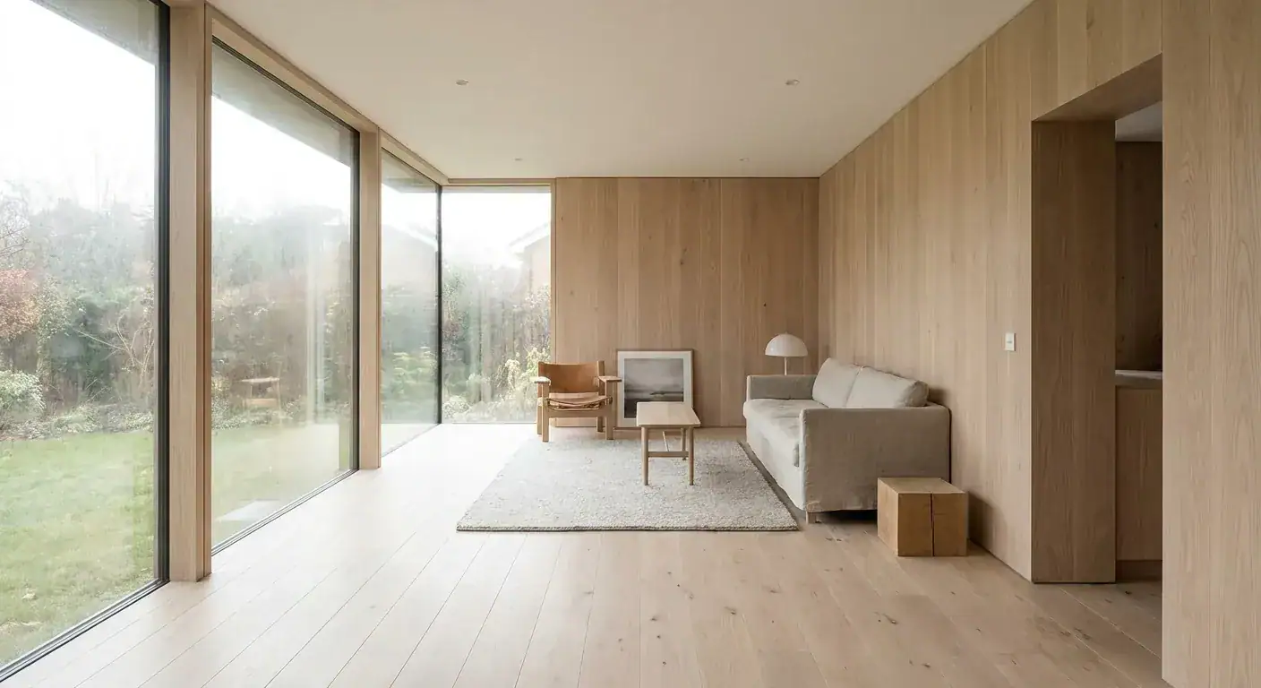 Et lyst, moderne rom med vegger av naturlig treverk og store vinduer som slipper inn dagslys