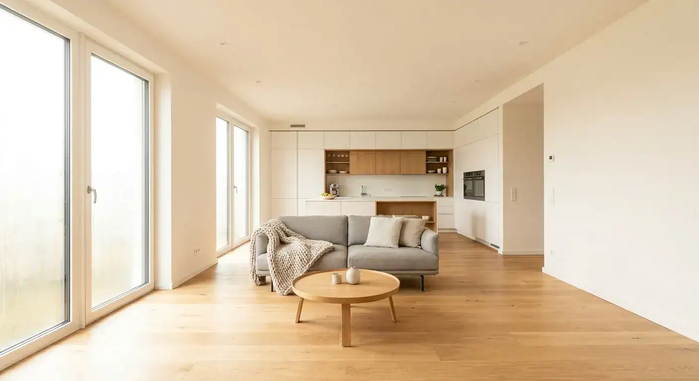 Lys og moderne stue med store vinduer, komfortabel sofa, og åpen kjøkkenløsning, perfekt for oppussing i Bergen.
