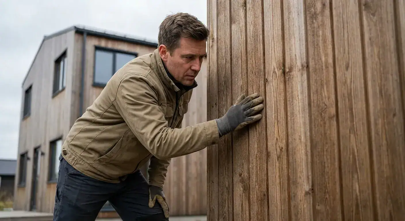 A professional tradesperson inspecting a wooden exterior wall for signs of wear