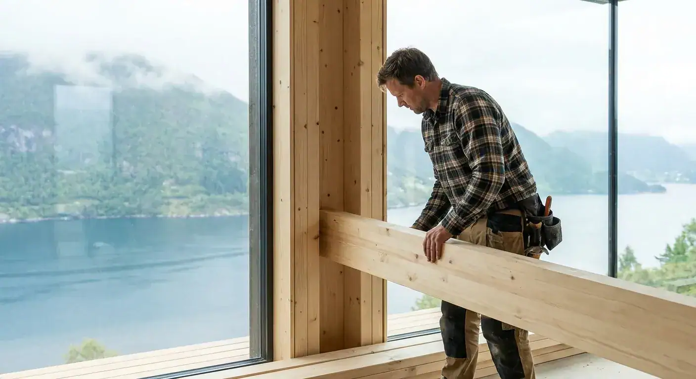 En tømrer i arbeid med å montere solide trebjelker i et lyst og moderne nybygg med utsikt over bergensk natur