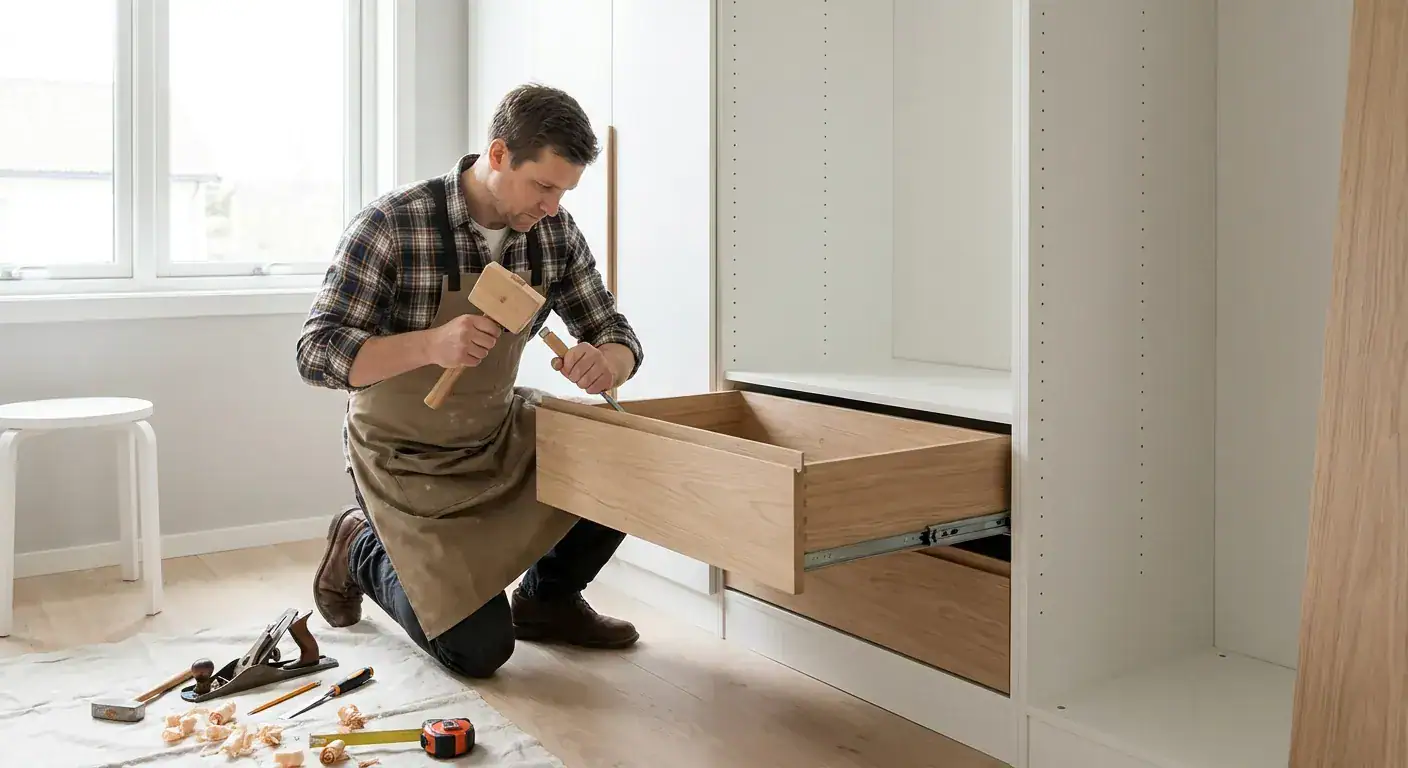 En tømrer som monterer skreddersydde skuffer i en moderne garderobe