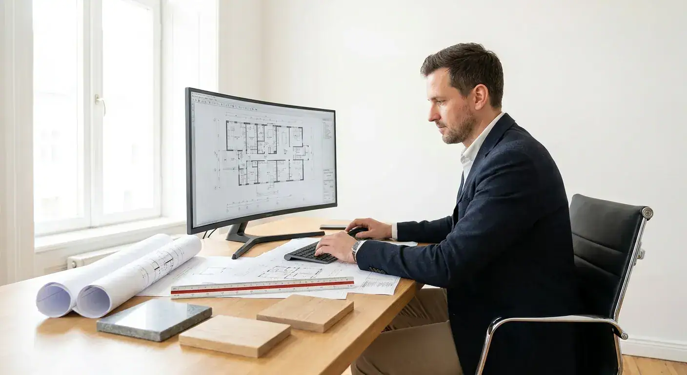 En arkitekt som sitter ved et skrivebord og tegner detaljerte plantegninger på en stor dataskjerm