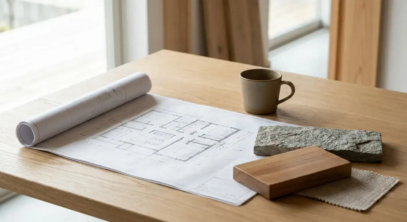 Planleggingspapirer, murstein, treblokk og kopp på et bord, brukt til oppussing og renovering i Bergen.