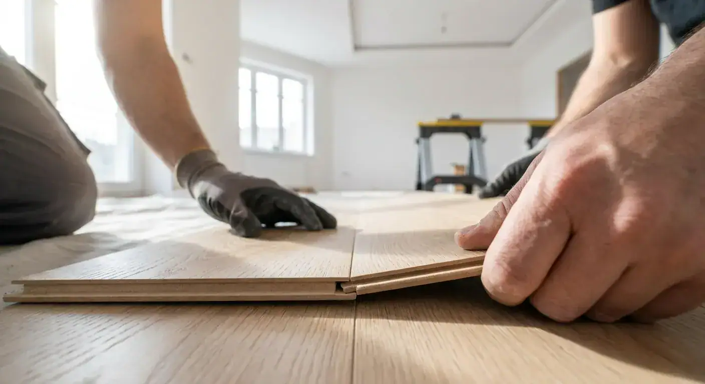 A close-up of a worker's hands snapping two laminate planks together using a click-system