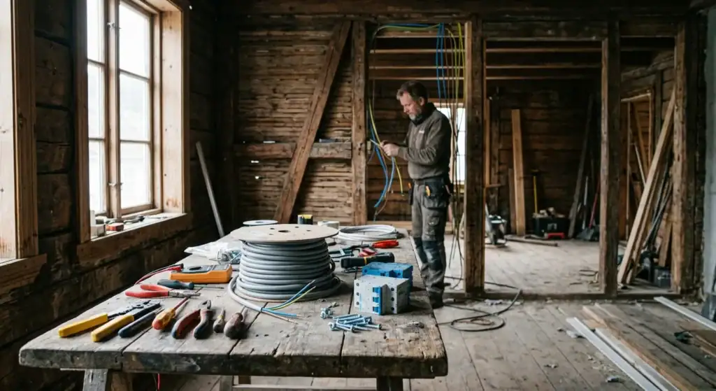 Håndverker som jobber med innvendig oppussing i et gammelt trehus i Bergen, med verktøy og materialer på arbeidsbordet.