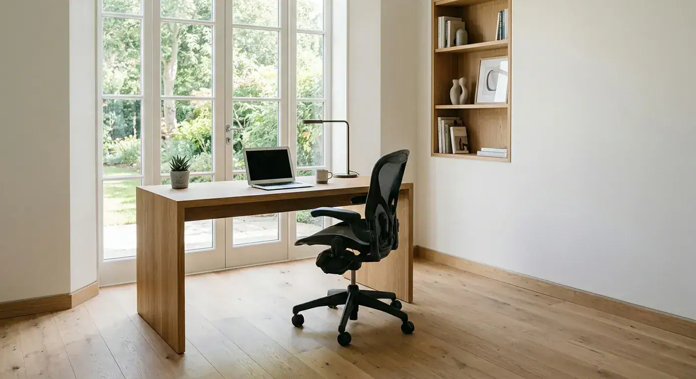 Et moderne, lyst hjemmekontor med et minimalistisk eikebord, en ergonomisk kontorstol og naturlig dagslys fra et stort vindu