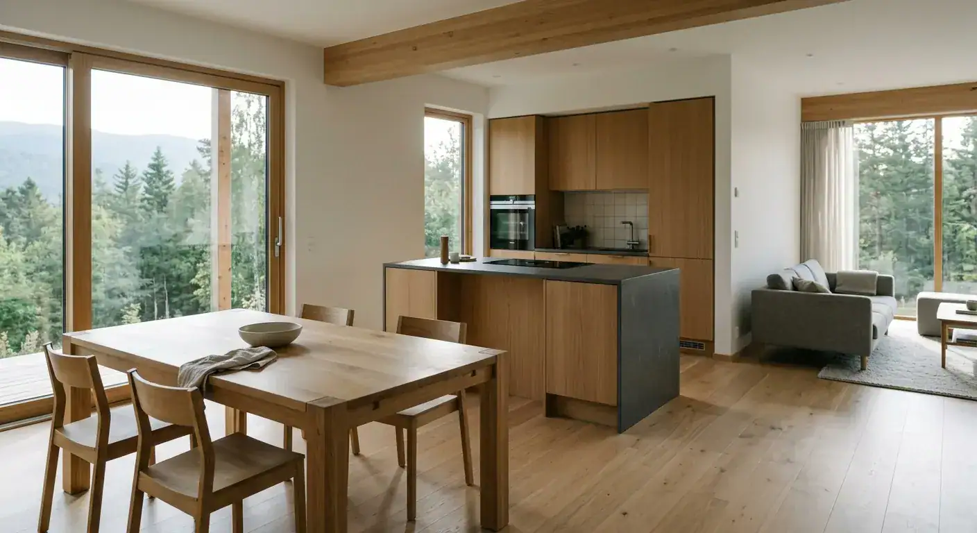 A bright, modern open plan kitchen and living area with natural light streaming through large windows, showcasing a wooden dining table and a minimalist kitchen island in the background