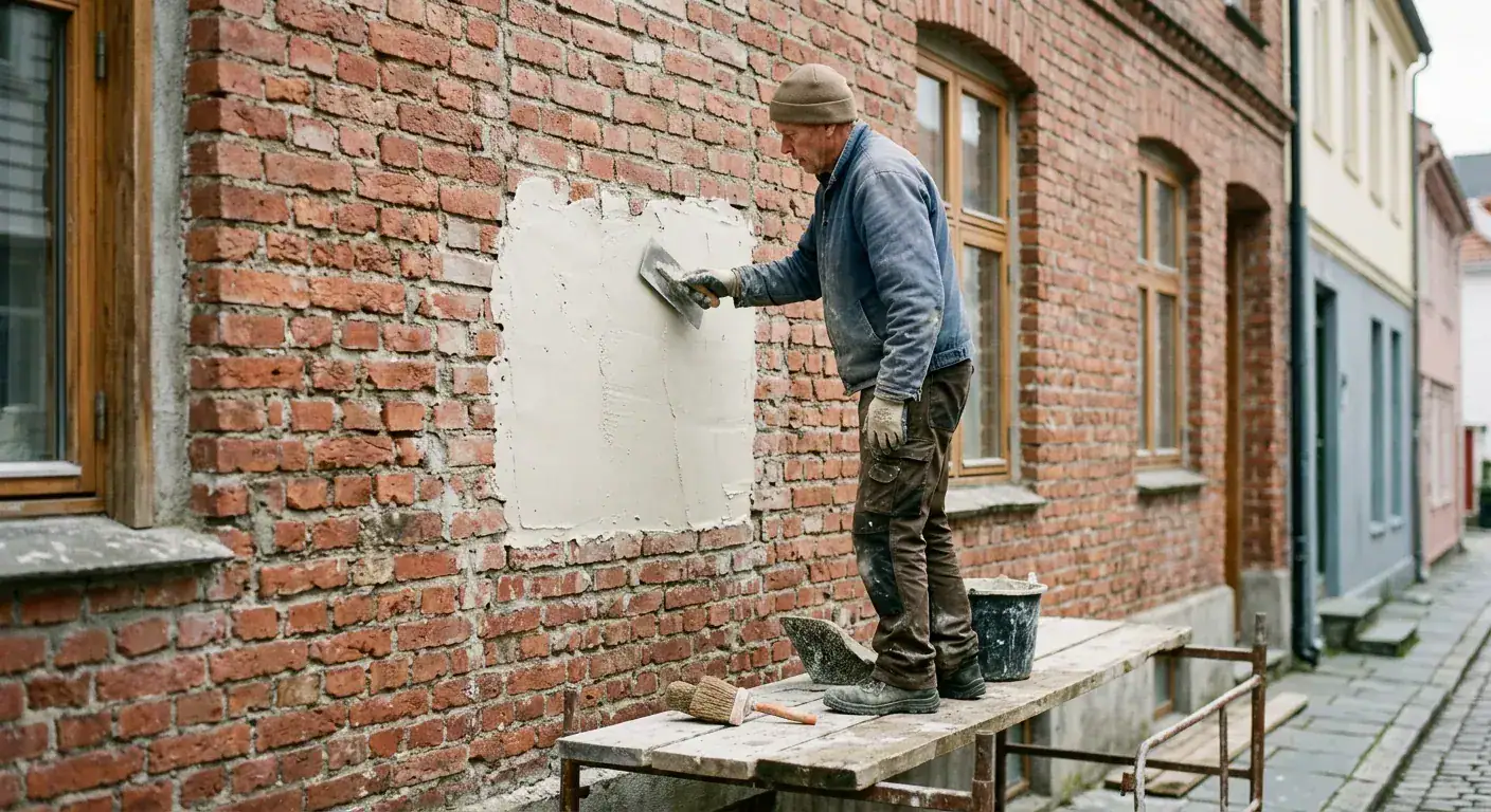 A professional mason carefully applying a smooth layer of light-colored lime plaster to an old brick wall