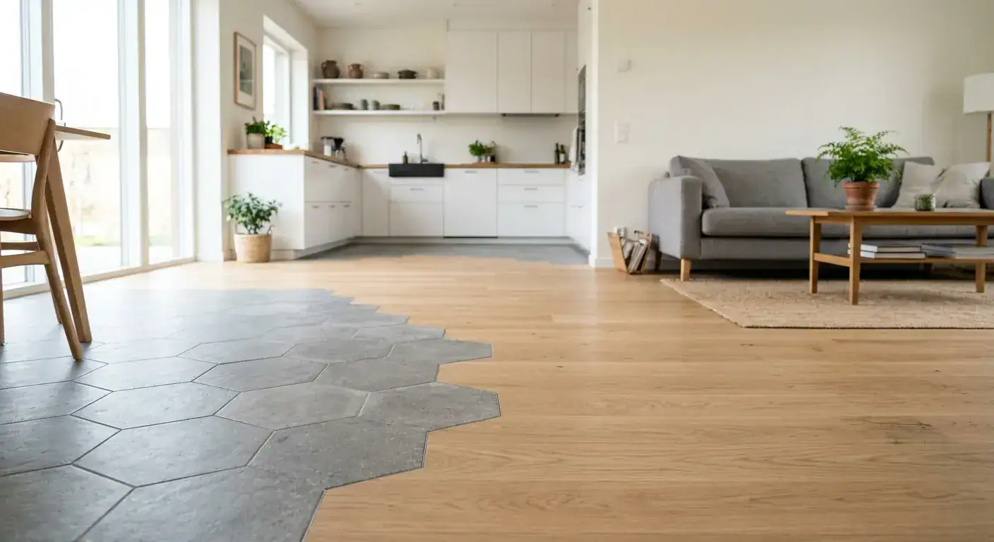 A close-up of a seamless transition between large grey hexagonal floor tiles in the kitchen area and warm oak parquet flooring in the living room