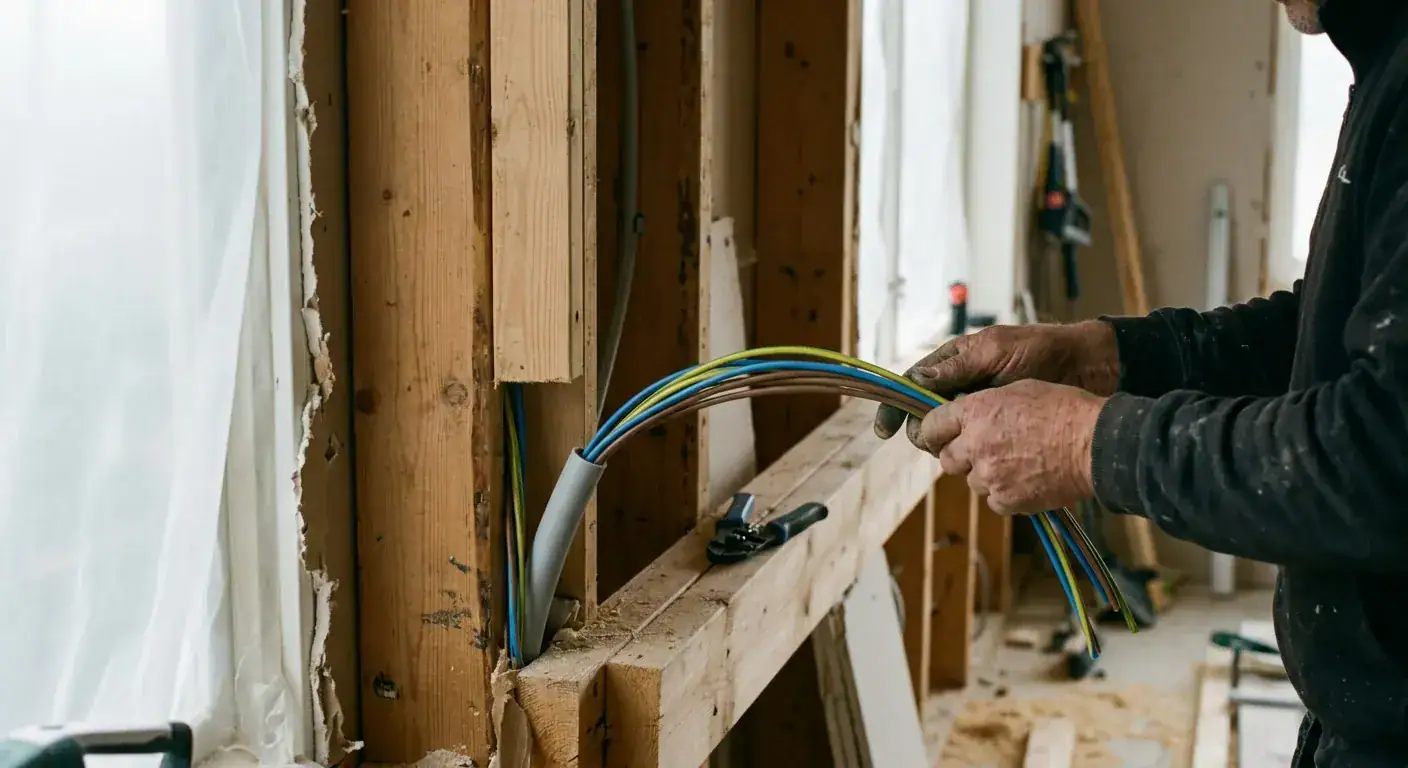 En elektriker som forsiktig trekker nye ledninger gjennom rør i en nylig åpnet vegg under renovering