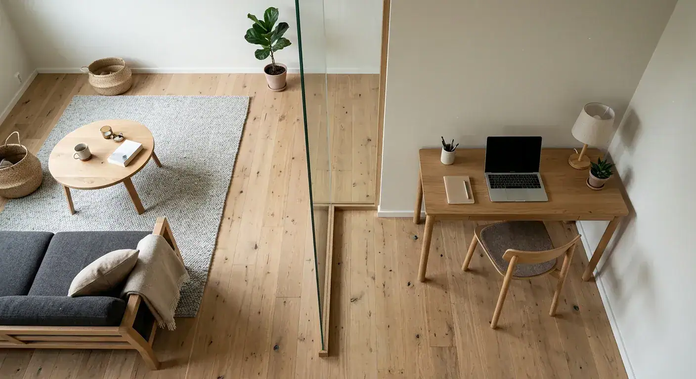 En åpen og lys stue med rene linjer der en minimalistisk glassvegg skiller stuen fra et moderne hjemmekontor