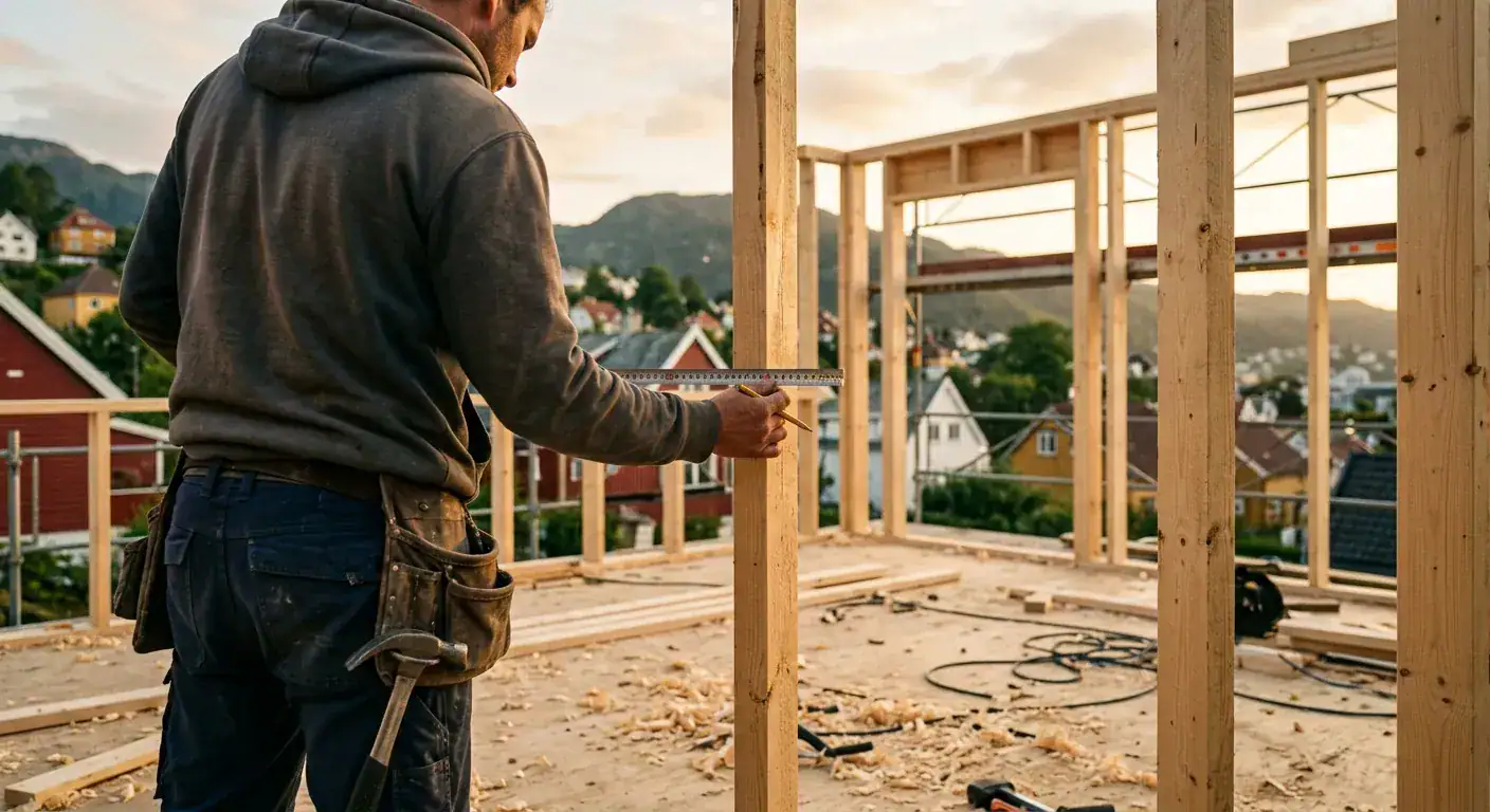 En tømrer i arbeidsklær som måler opp treverk på et halvferdig tilbygg en solrik dag