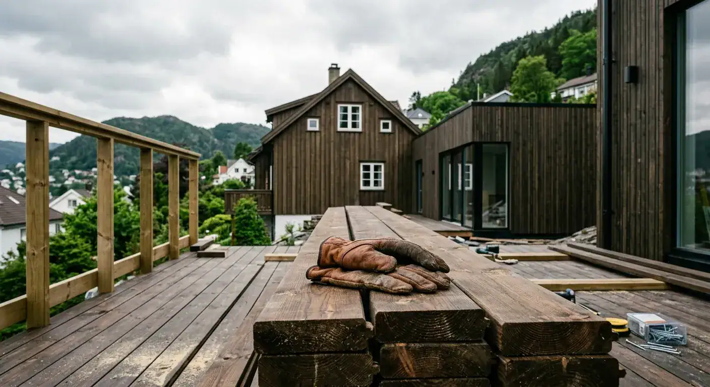 En moderne trevilla i Bergen med et stilrent, nyoppført tilbygg i mørkt treverk som harmonerer perfekt med den eldre hovedstrukturen under en lett skyet himmel.