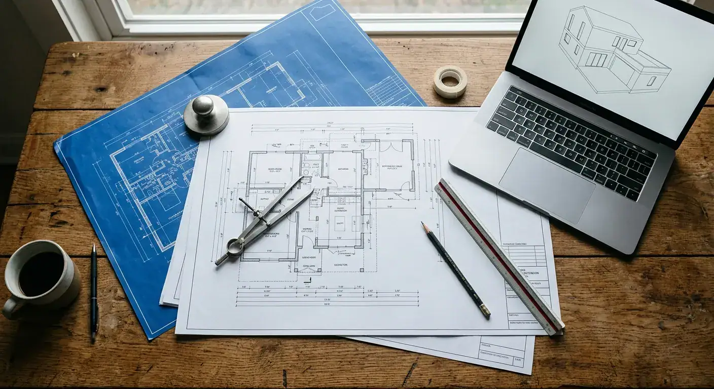 Detaljerte arkitekttegninger og planer for oppussing i Bergen, med verktøy og datamaskin for design og planlegging.