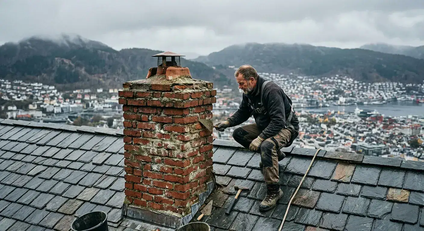 En erfaren murer som inspiserer toppen av en tradisjonell teglsteinspipe på et tak i Bergen, med de karakteristiske fjellsidene i bakgrunnen.