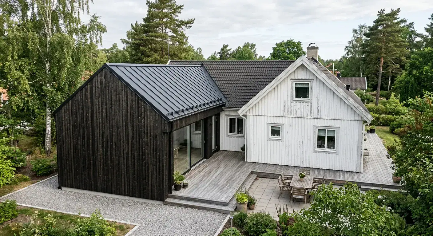 Et moderne, ferdigstilt tilbygg i mørkt treverk som harmonerer vakkert med et eldre hvitmalt hus