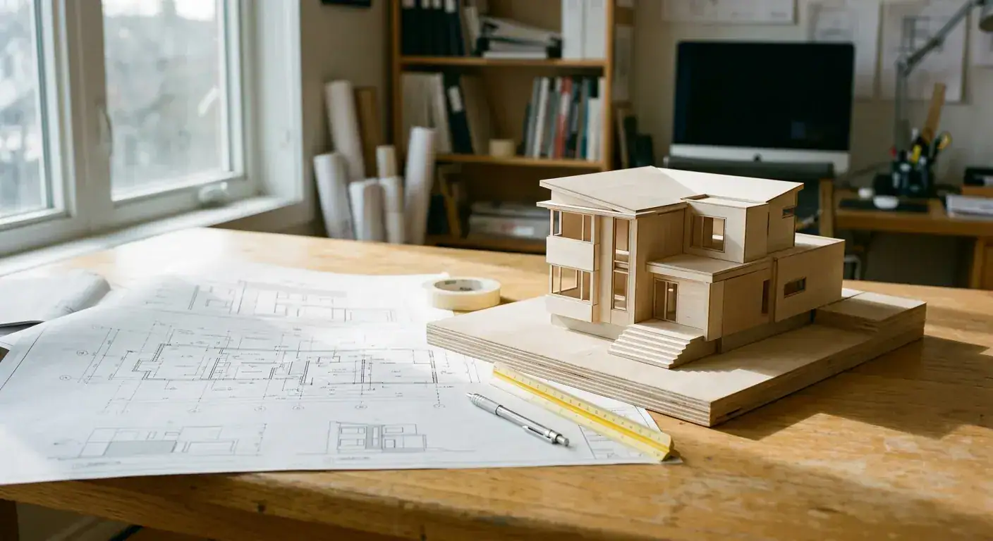 Nærbilde av arkitekttegninger og en nøyaktig 3D-modell av en boligutvidelse som ligger spredt utover et lyst arbeidsbord i treverk.