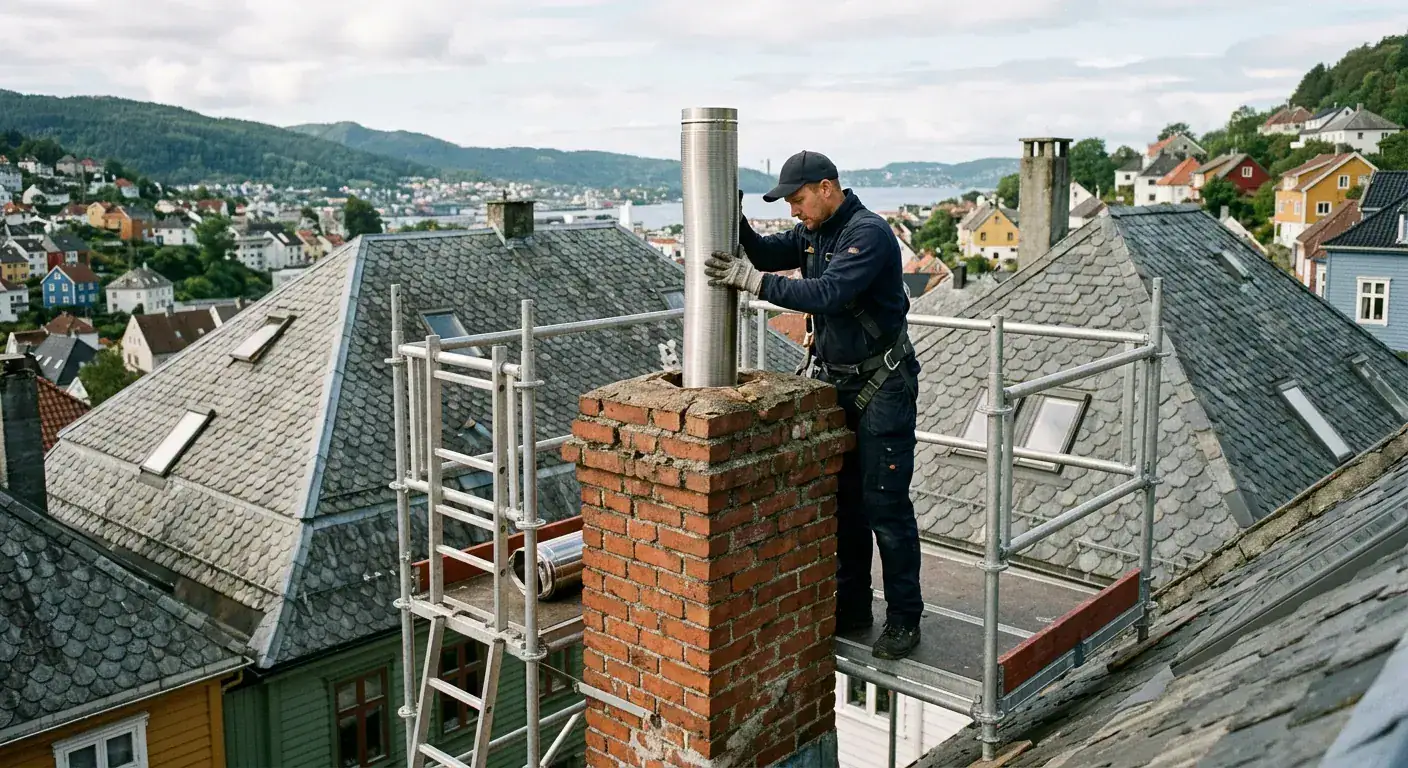 Et moderne, skinnende innerrør i rustfritt stål som senkes forsiktig ned i en tradisjonell teglsteinsskorstein av en profesjonell montør på et stillas.