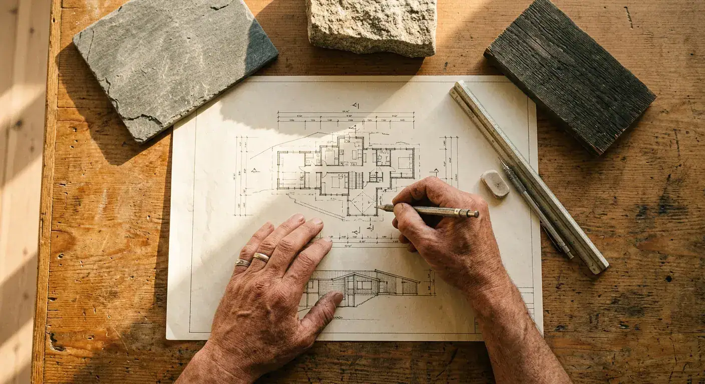 Detaljert arkitekttegning av et boligprosjekt med en person som tegner på papir, omgitt av bygge- og steinmaterialer, for oppussing i Bergen.