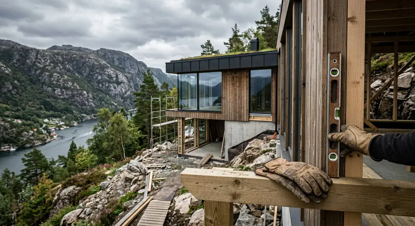 Nytt moderne hus under oppføring i Bergen med utsikt over fjorden, omgitt av fjell, med byggemateriell og verktøy i bruk.