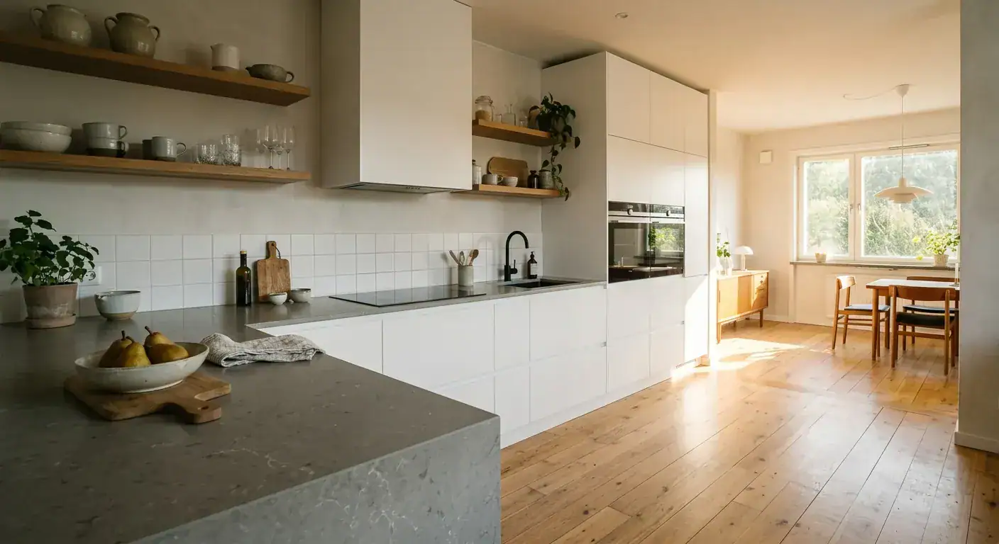 Et lyst, nyrenovert kjøkken med integrerte hvitevarer, rene linjer og solid benkeplate i stein